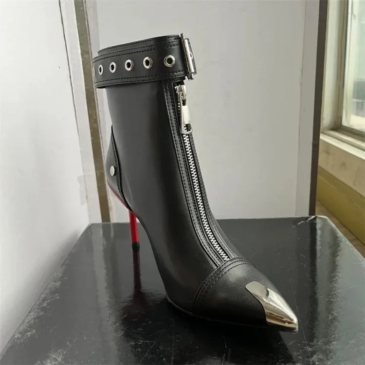 Belt Buckle Front Zipper High Heels Ankle Boots