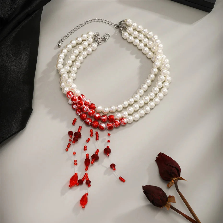 Multilayer Vintage Red Blood Pattern Imitation Pearl Tassel Pendant Necklace