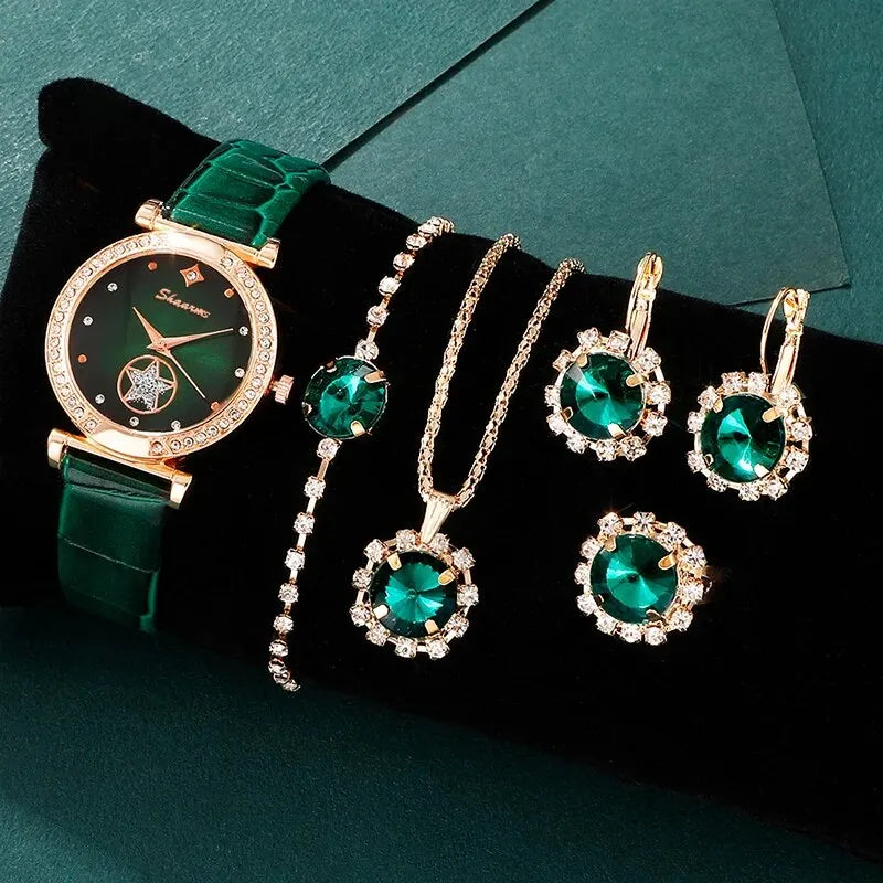 SHAARMS 6PCS Green Luxury Quartz Watch and Jewelry Set