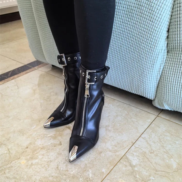 Belt Buckle Front Zipper High Heels Ankle Boots