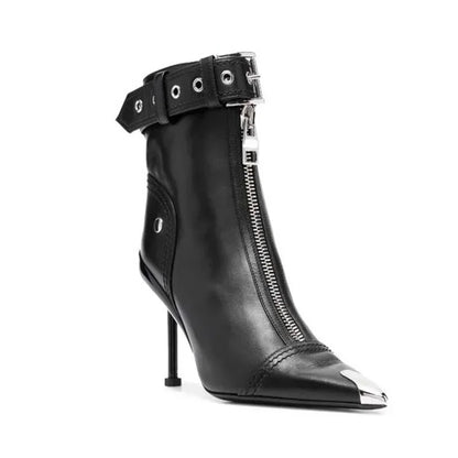 Belt Buckle Front Zipper High Heels Ankle Boots