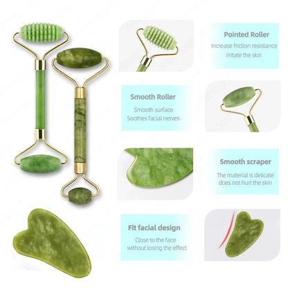 Jade Gua Sha & Facial Roller Massage Set for Skin Care