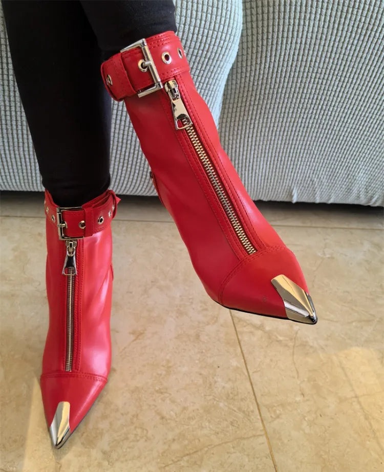 Belt Buckle Front Zipper High Heels Ankle Boots