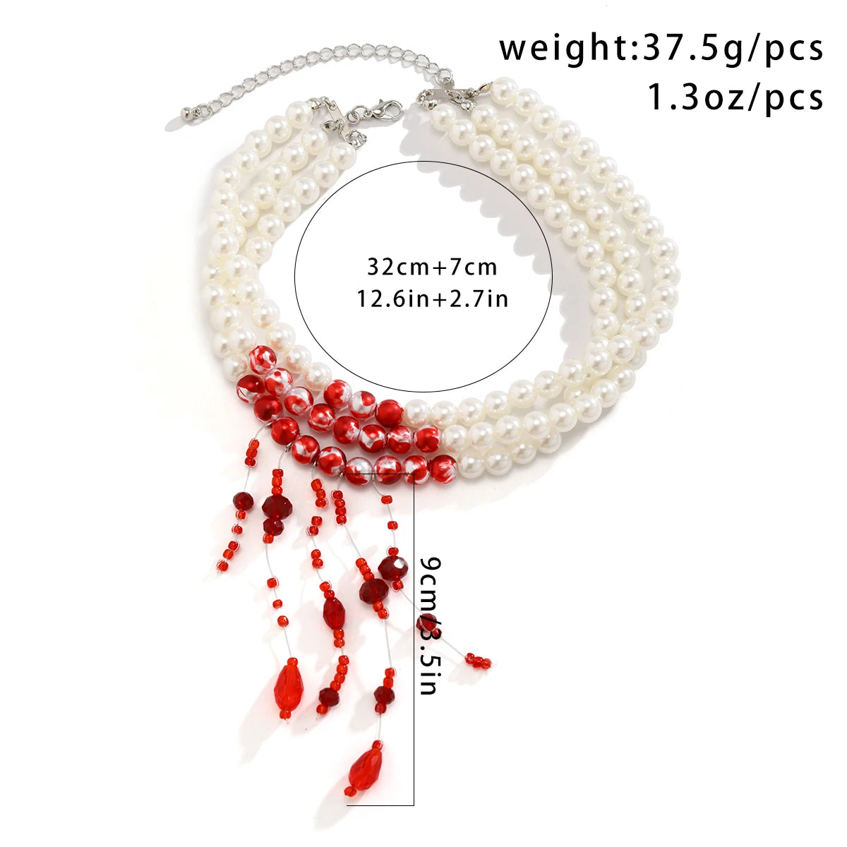 Multilayer Vintage Red Blood Pattern Imitation Pearl Tassel Pendant Necklace