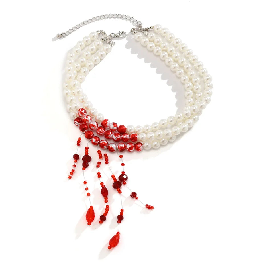 Multilayer Vintage Red Blood Pattern Imitation Pearl Tassel Pendant Necklace