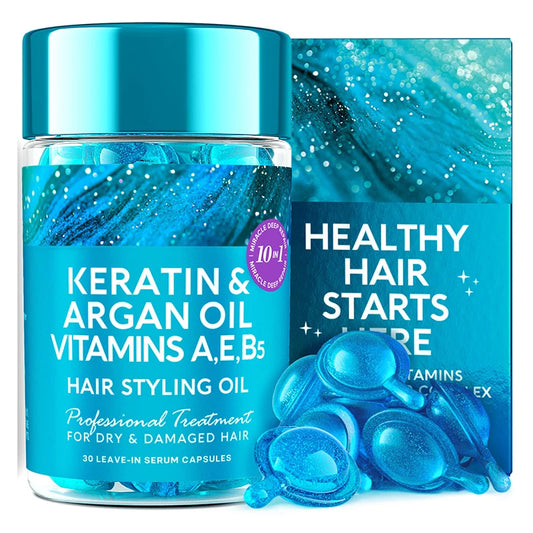 Keratin & Argan Oil Hair Capsules with Vitamins A, E, B5 for Silky Hair Repair