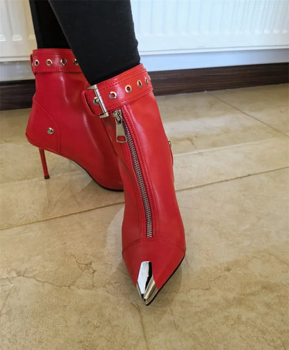 Belt Buckle Front Zipper High Heels Ankle Boots