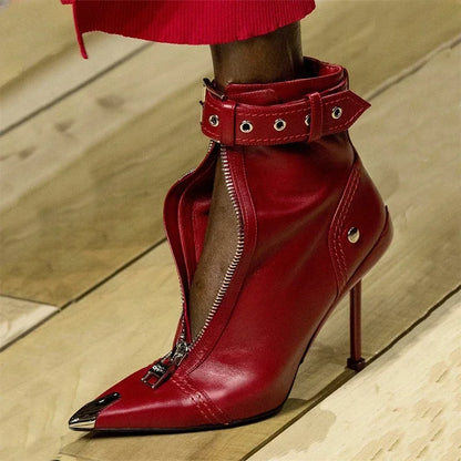 Belt Buckle Front Zipper High Heels Ankle Boots