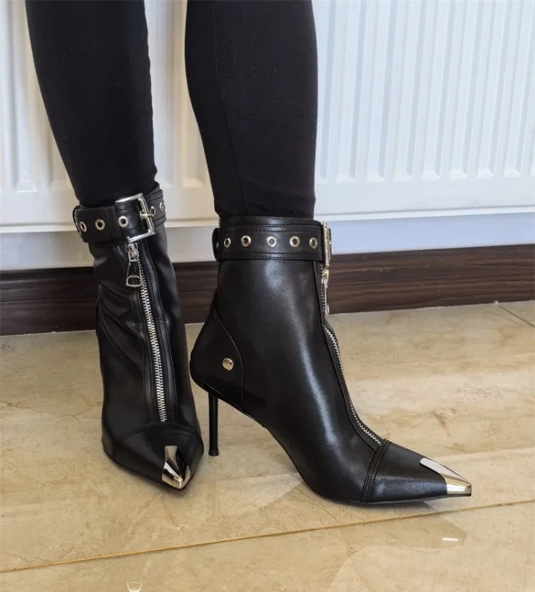 Belt Buckle Front Zipper High Heels Ankle Boots