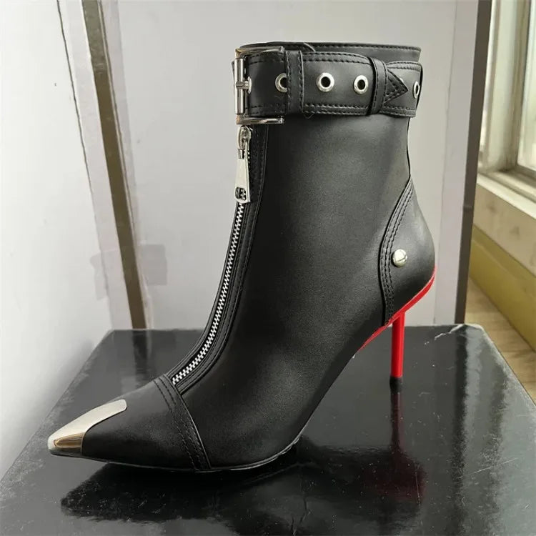 Belt Buckle Front Zipper High Heels Ankle Boots