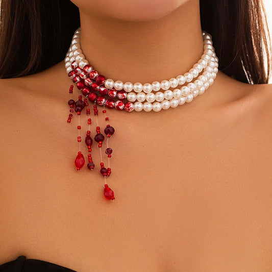 Multilayer Vintage Red Blood Pattern Imitation Pearl Tassel Pendant Necklace