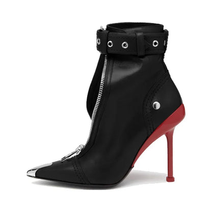 Belt Buckle Front Zipper High Heels Ankle Boots