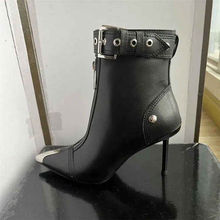 Belt Buckle Front Zipper High Heels Ankle Boots