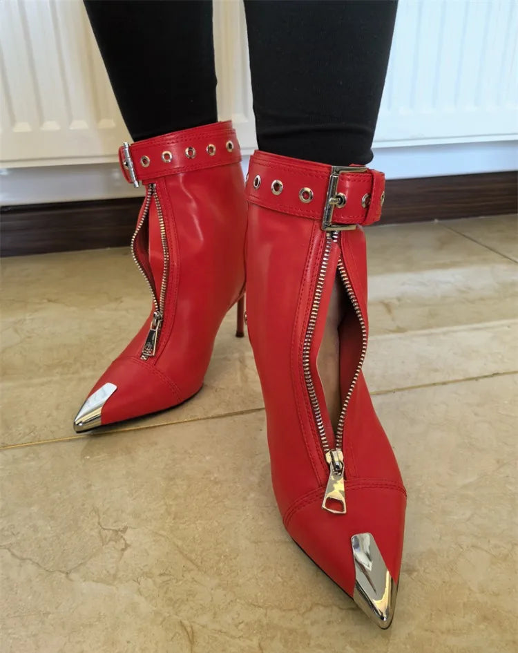 Belt Buckle Front Zipper High Heels Ankle Boots