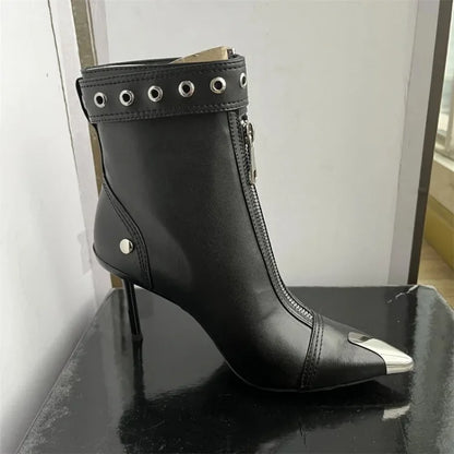 Belt Buckle Front Zipper High Heels Ankle Boots