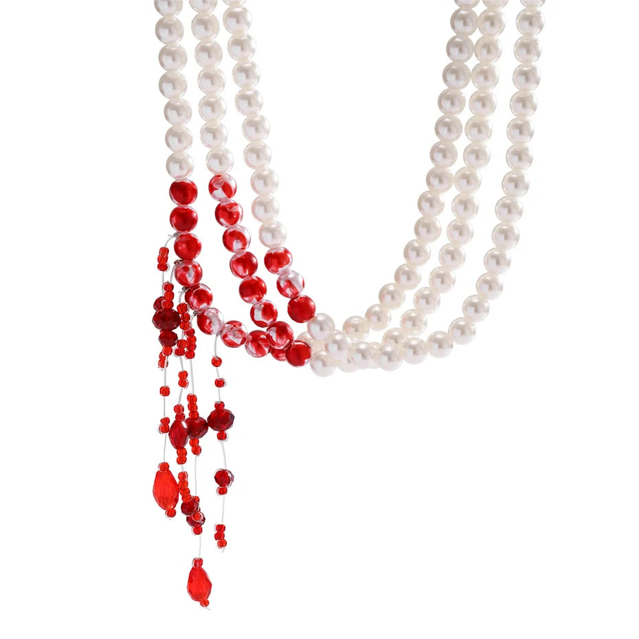 Multilayer Vintage Red Blood Pattern Imitation Pearl Tassel Pendant Necklace