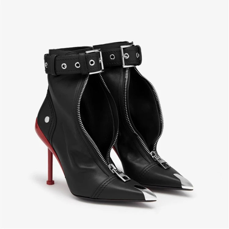 Belt Buckle Front Zipper High Heels Ankle Boots