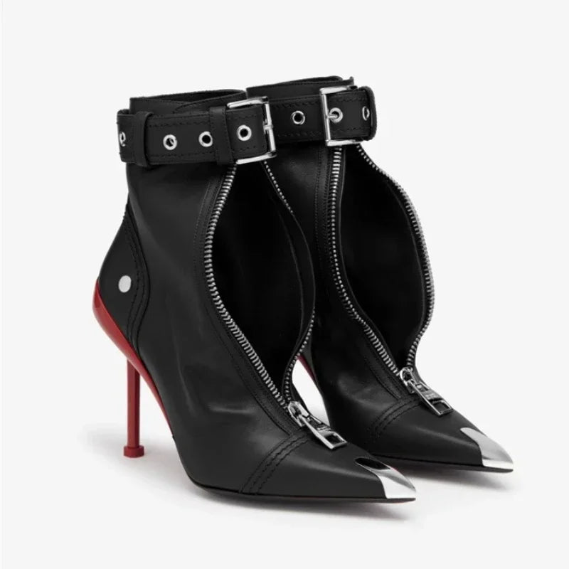 Belt Buckle Front Zipper High Heels Ankle Boots