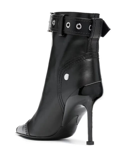 Belt Buckle Front Zipper High Heels Ankle Boots