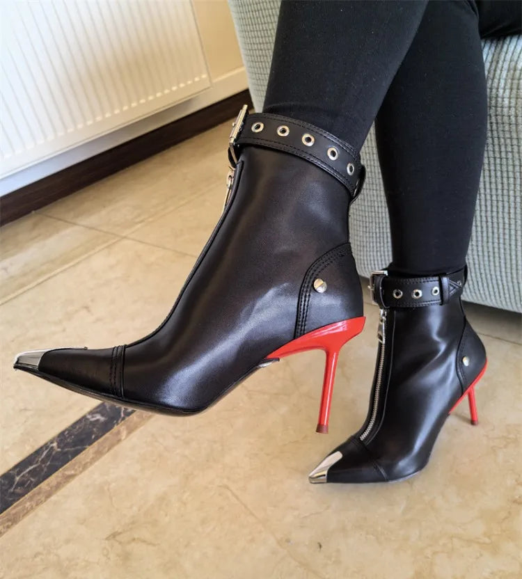 Belt Buckle Front Zipper High Heels Ankle Boots