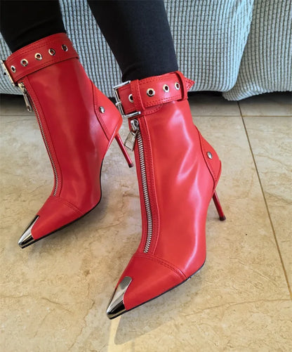 Belt Buckle Front Zipper High Heels Ankle Boots