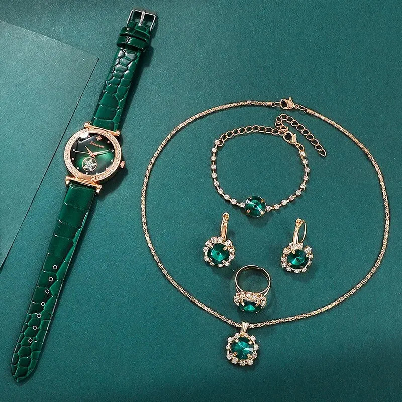 SHAARMS 6PCS Green Luxury Quartz Watch and Jewelry Set