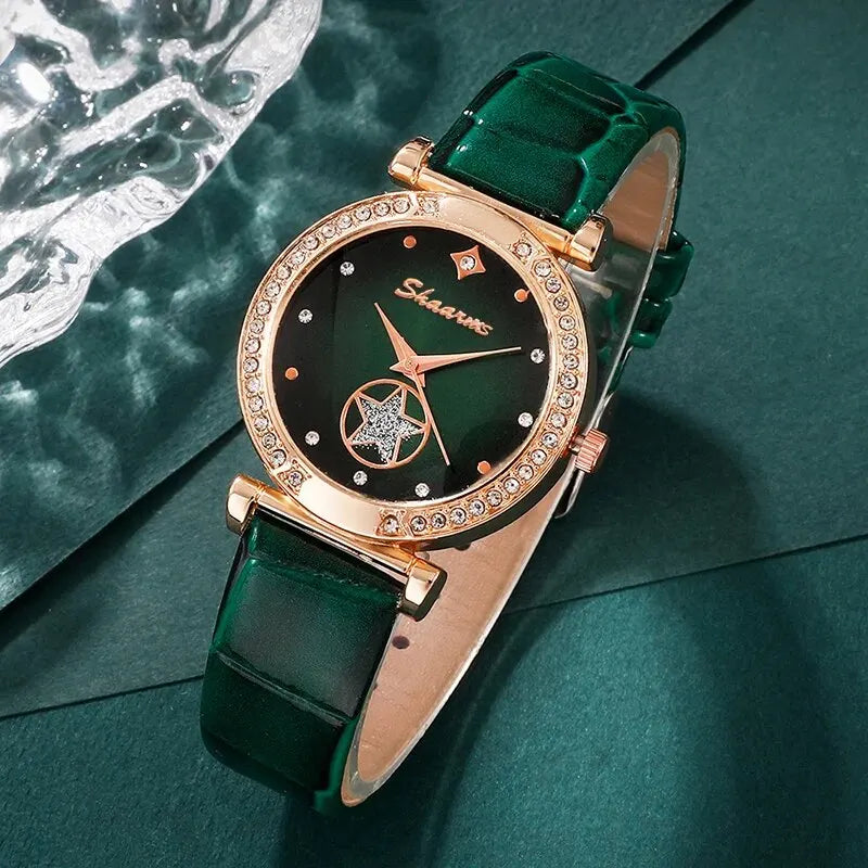 SHAARMS 6PCS Green Luxury Quartz Watch and Jewelry Set