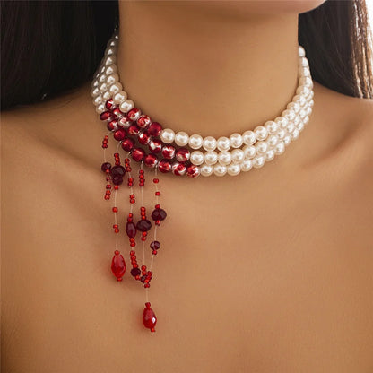 Multilayer Vintage Red Blood Pattern Imitation Pearl Tassel Pendant Necklace