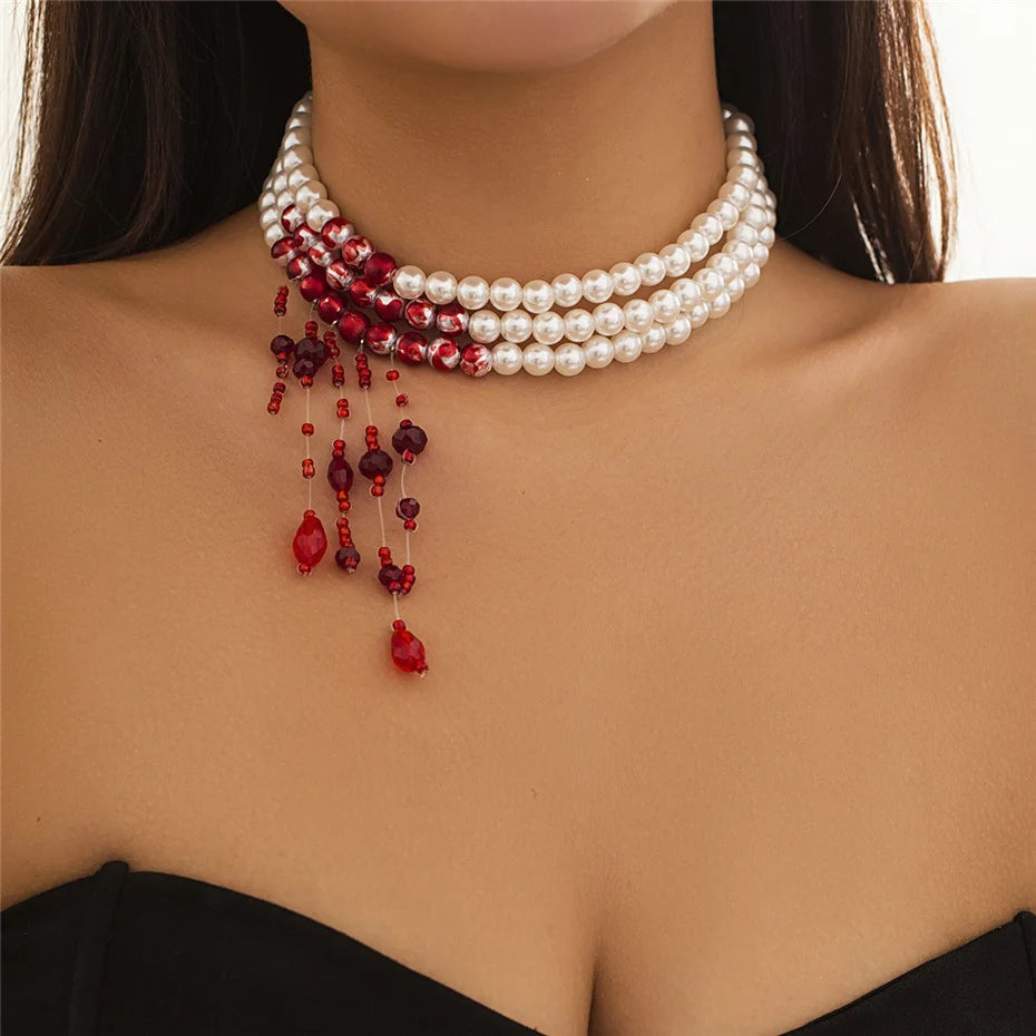 Multilayer Vintage Red Blood Pattern Imitation Pearl Tassel Pendant Necklace