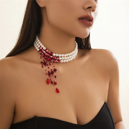 Multilayer Vintage Red Blood Pattern Imitation Pearl Tassel Pendant Necklace